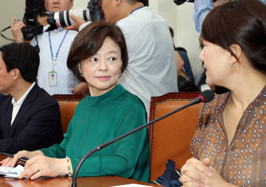 여성가족부 장관으로 지명된 더불어민주당 진선미 의원이 3일 국회에서 열린 최고위원회의에 참석해 이재정 의원과 대화하고 있다. 연합뉴스